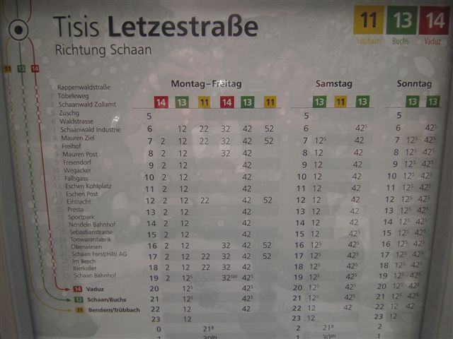 Saminatal, Bus Fahrplan Tisis - Schan - Vaduz - Steg