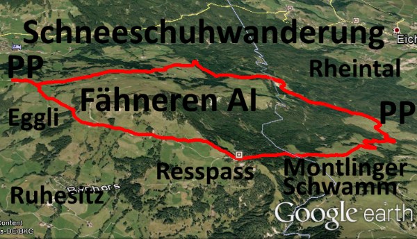 Schneeschuhwanderung F�hneren im Alpstein bei Appenzell (Google Earth)